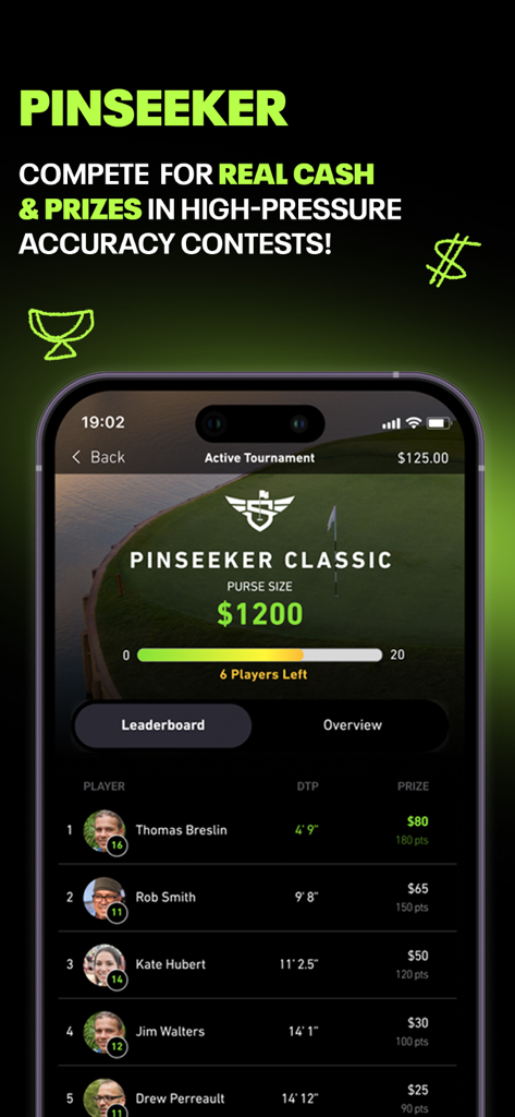 SKYTRAK app PinSeeker leaderboard showing cash prizes for a golf accuracy contest