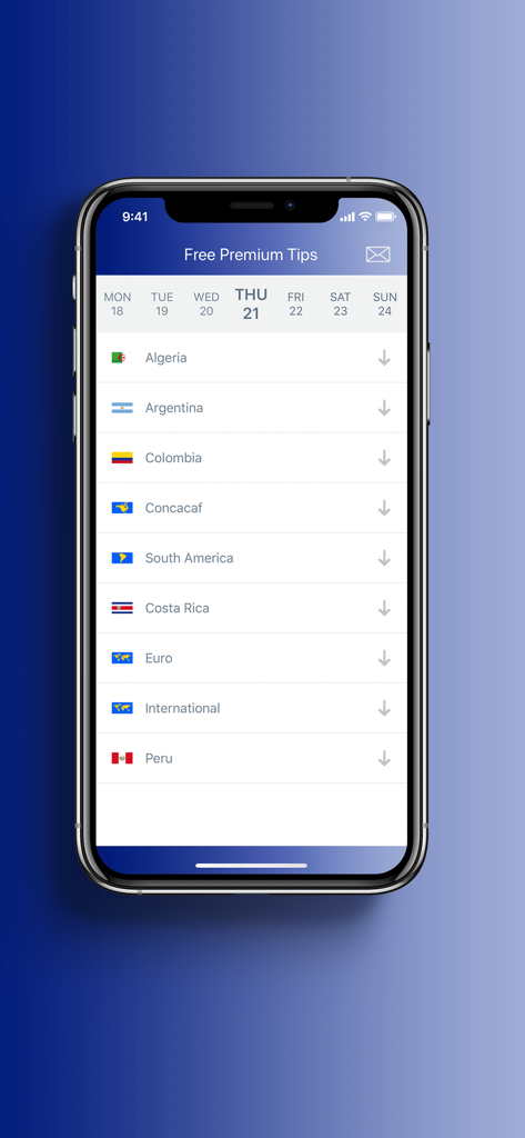 Mobile screen of the FPT Premium Tips app showing a list of international soccer leagues and regions for predictions