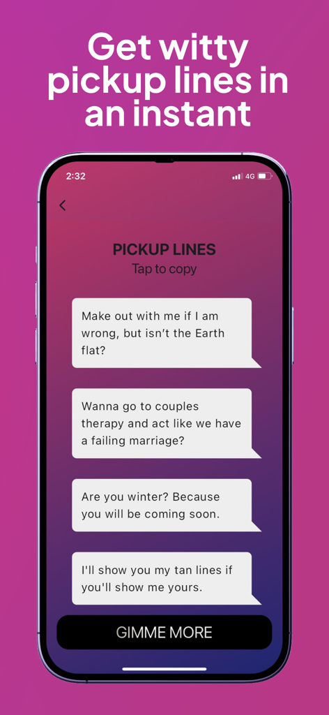 Rizz App: AI Wingman - Uma lista de cantadas espirituosas e engraçadas geradas por IA na interface do Rizz App