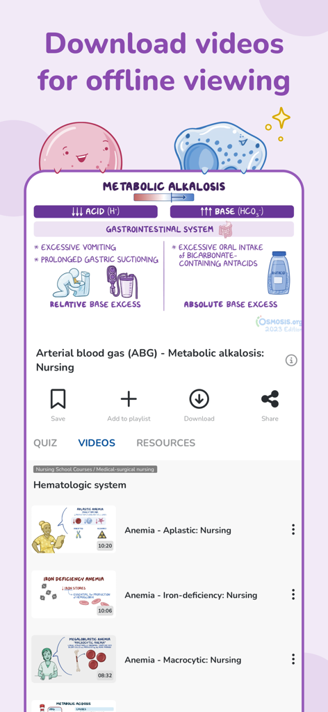 Osmosis Nursing app interface showing educational videos and the option to download for offline viewing.