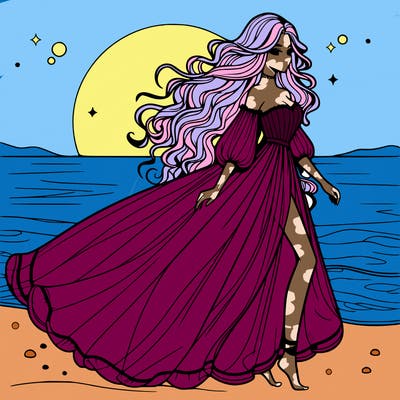 beautiful woman with a vaporous long dress walking on the beach at the noon, detailed art