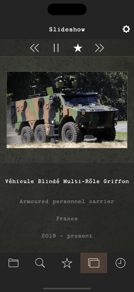 A French Griffon multi-role armored personnel carrier displayed in the Modern Military Vehicles app slideshow