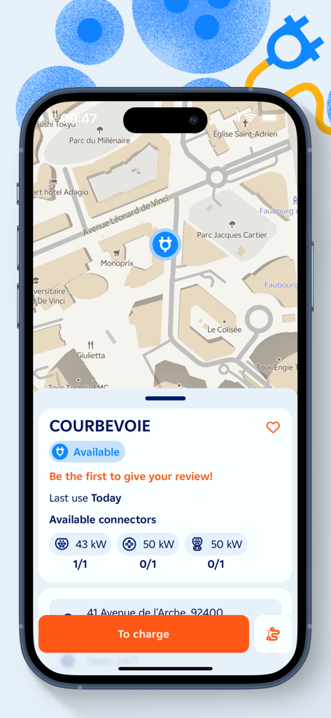 IZIVIA app interface showing real-time EV charging station availability and connector power levels on a map.