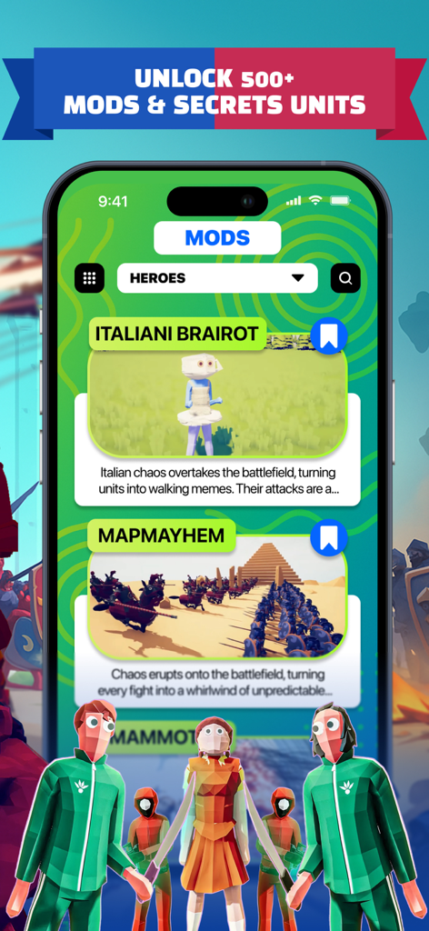 TABS Battle Simulator Mods app interface showing hero units and secret characters
