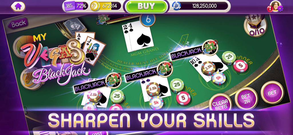 myVEGAS Blackjack mobile game showing winning card hands on a casino table with the slogan Sharpen Your Skills