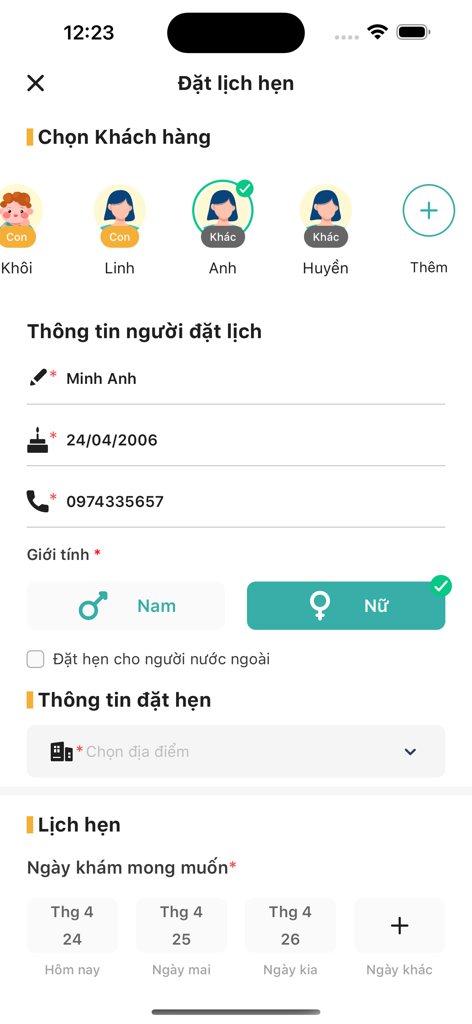 MyVinmec - MyVinmec mobile app interface showing the patient selection and date options for scheduling a medical appointment.