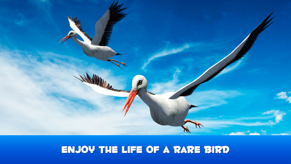 Stork Simulator 3D: Flying Bird Life - Two white storks flying through a clear blue sky with a banner saying Enjoy the life of a rare bird