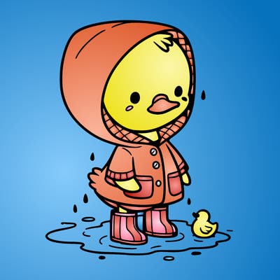 baby duck in a rain coat and boots, in a puddle while it’s raining