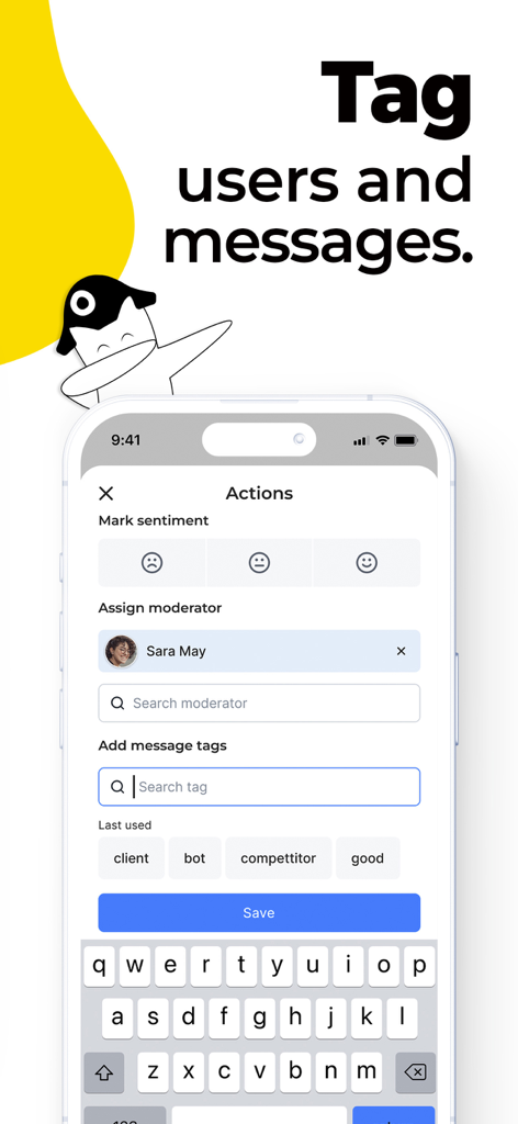 NapoleonCat mobile interface for tagging social media messages and assigning moderators