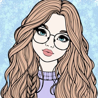 girl with long hair and freckles and glasses realistic