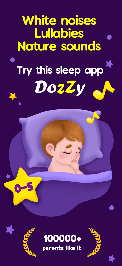 Illustration of a sleeping baby on a purple background promoting DozZy white noise and lullabies sleep app