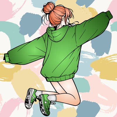 realistic girl jumping with a bun and oversized sweatshirt