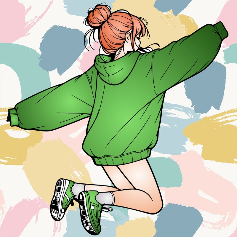 realistic girl jumping with a bun and oversized sweatshirt