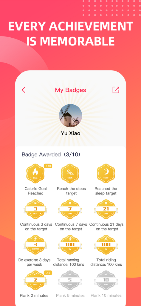 DeepFit - DeepFit mobile app showing fitness badges for reaching health and exercise goals