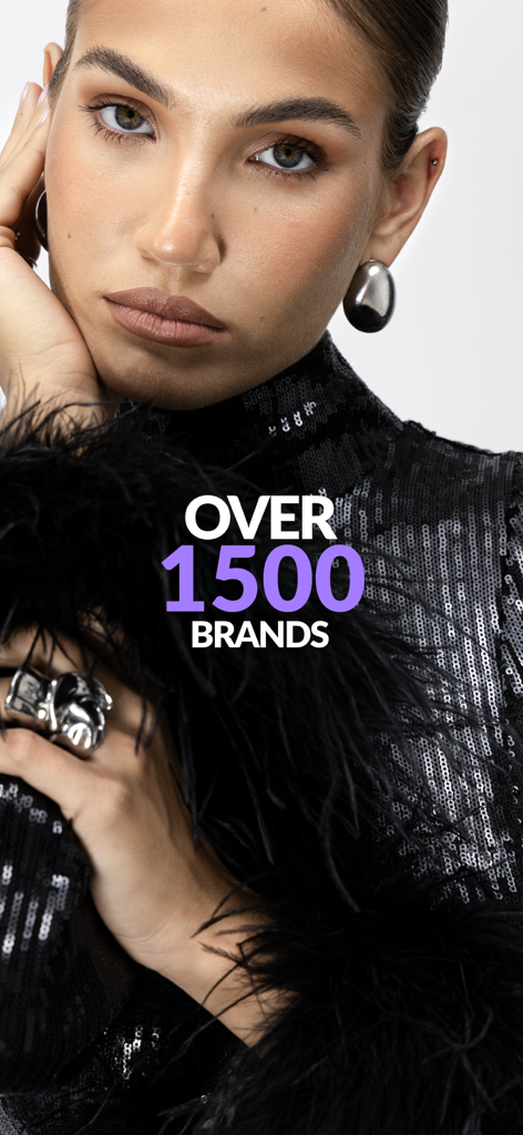 Fashion model in a sequined dress with text stating over 1500 brands are available