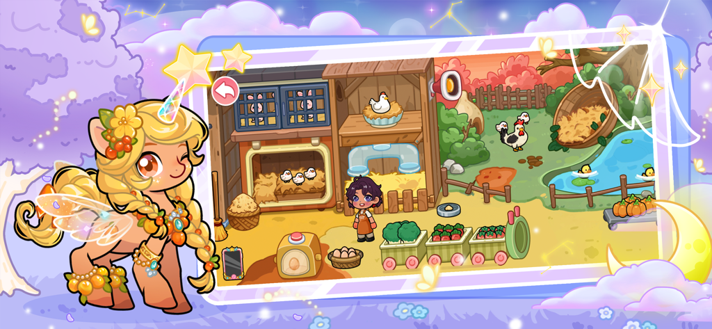 A whimsical farm scene in My Little Unicorn Pets Academy showing a character tending to chickens and crops.