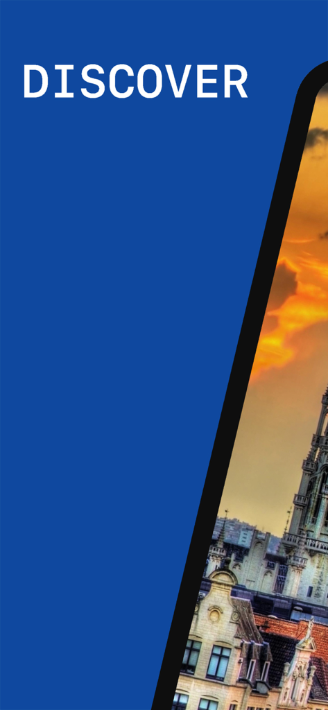 Brussels Travel Guide . - 푸른 배경에 DISCOVER라는 글자가 쓰여 있고 해 질 녘의 브뤼셀 건물 옆에 세로로 된 홍보 배너.