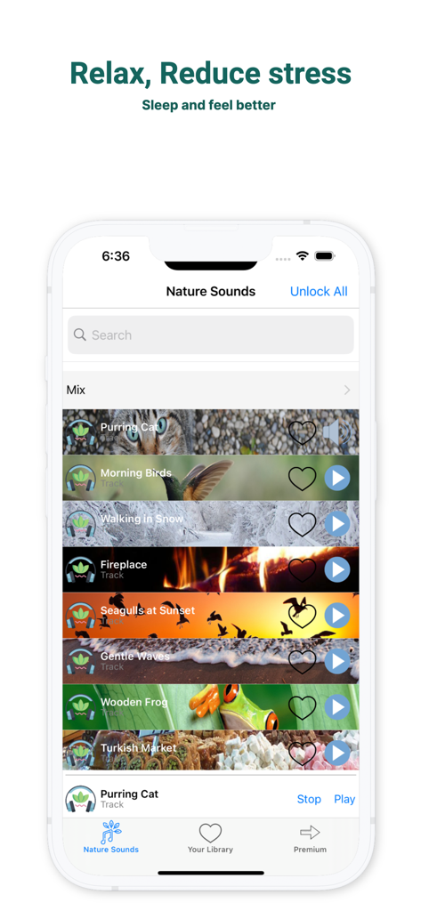 Nature Sounds: Yoga and Sleep - Interfaz de la aplicación Sonidos de la Naturaleza mostrando una lista de pistas de relajación que incluyen pájaros matutinos, chimenea y olas suaves.