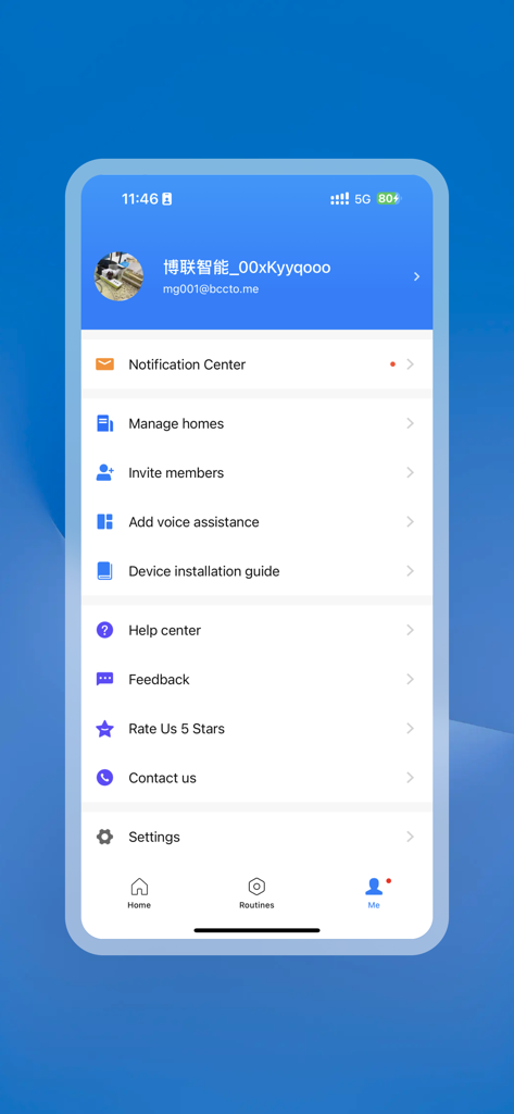 Tela de perfil de usuário e menu de configurações do aplicativo de casa inteligente BroadLink
