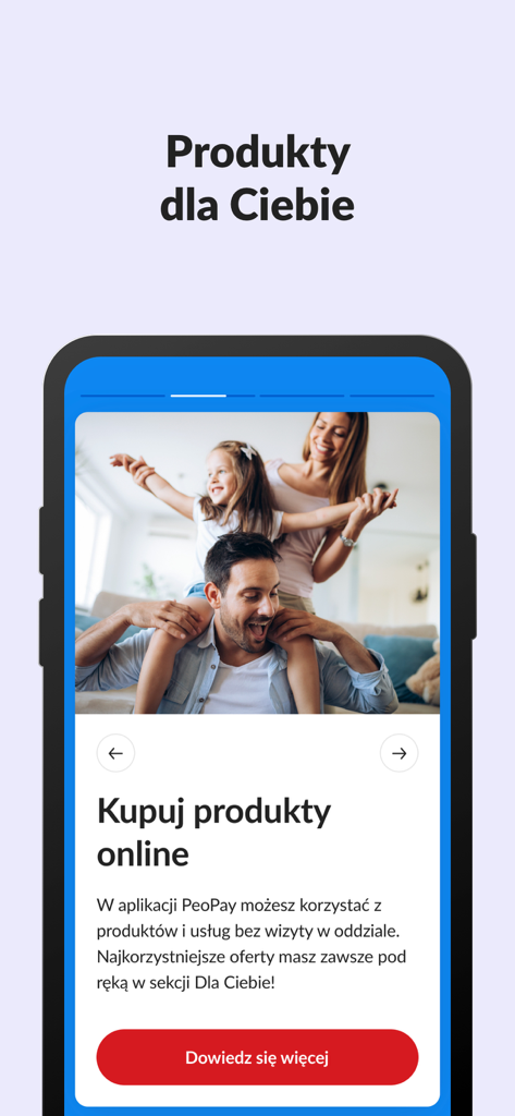 Pantalla de la aplicación PeoPay promocionando productos de banca en línea con una imagen de familia feliz