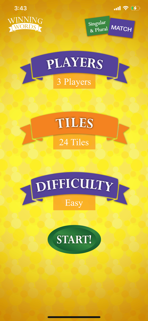 Singular and Plural Match - Setup screen for Singular and Plural Match game showing selection options for number of players, tiles, and difficulty level