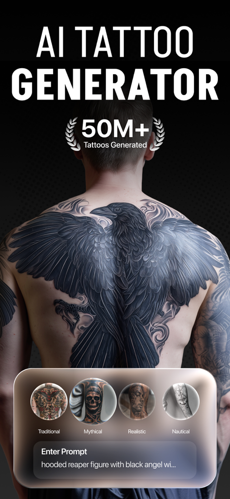 AIタトゥーメーカーが男性の背中に大きなカラスのデザインとスタイルカテゴリを表示