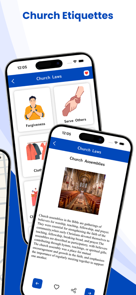 ESV Bible* - 教会法、許し、教会の集会に関するセクションを表示するESV聖書アプリの2つのモバイル画面。礼拝のための集まりの説明付き。