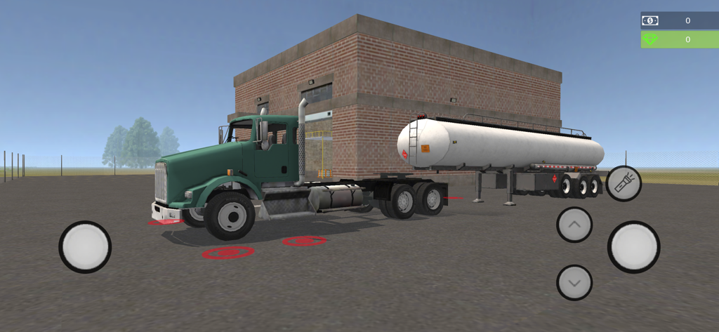 A green semi truck aligning to hitch a white fuel tank trailer in front of a brick building