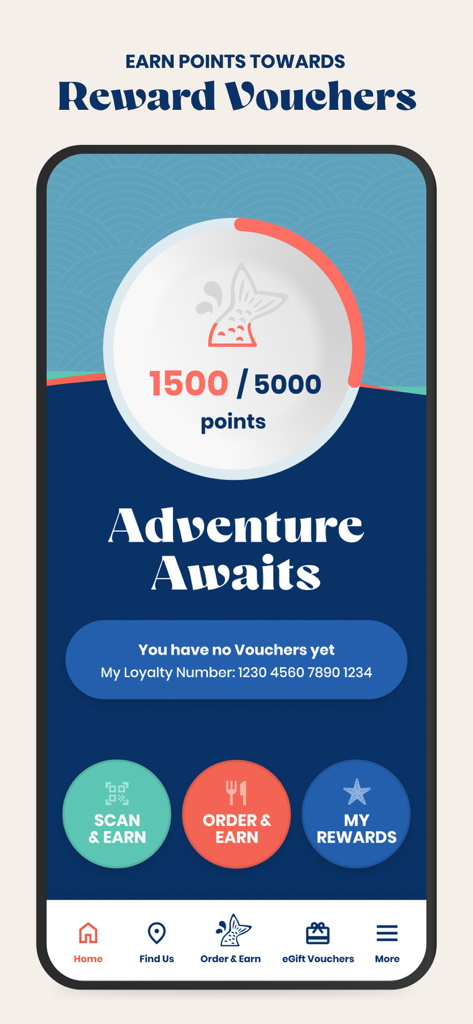 John Dory's - John Dory's app rewards screen showing loyalty points progress and options to scan and earn or order and earn.
