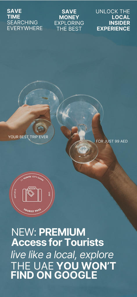 Pantalla promocional de la aplicación The HUNTR City Guide que ofrece acceso premium para que los turistas exploren los EAU como un local