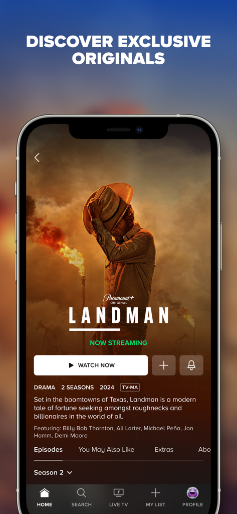 Paramount Plusモバイルアプリのインターフェース。独占オリジナルドラマシリーズ「Landman」を表示。