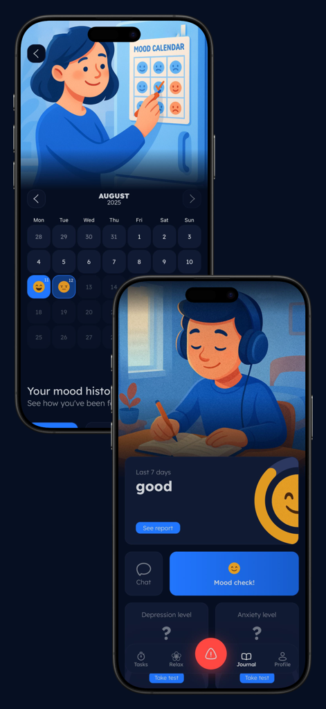 Calmora - Mindfulness - Calmora app interface showing a mood tracking calendar and emotional health journal