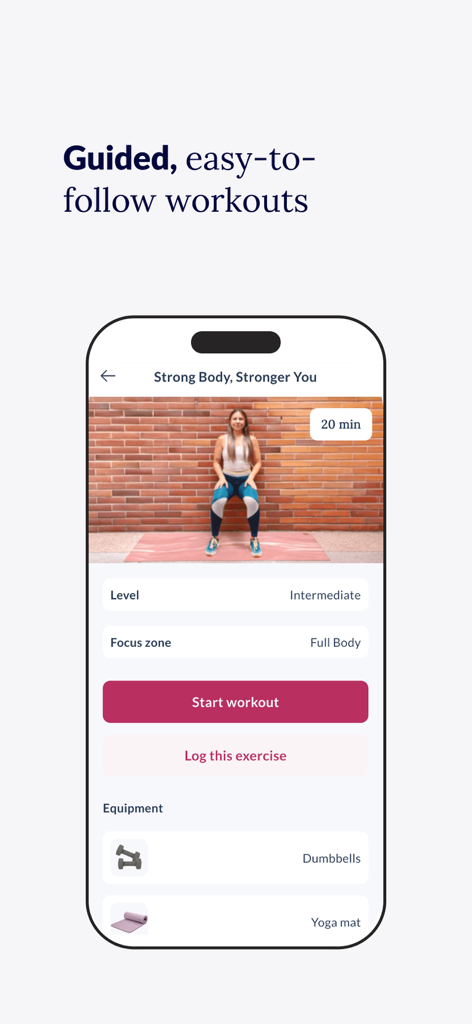 Mobile app screen showing a guided wall pilates workout for women over 40.