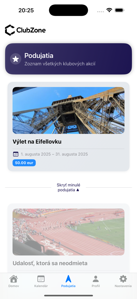 ClubZone Student app events list showing upcoming club activities and trips