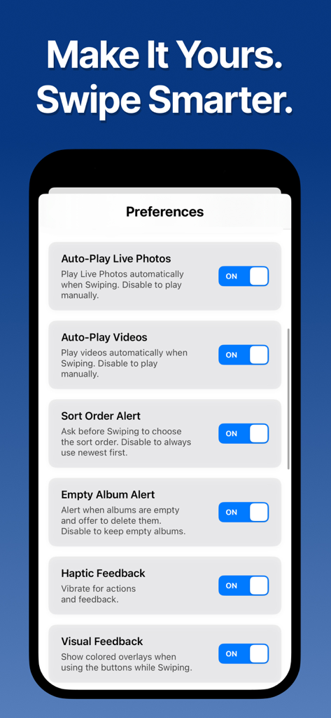 Swipe Photo Cleaner Organizer - The preferences menu of the Swipe Photo Cleaner app showing customizable settings for auto-play, haptic feedback, and alerts.