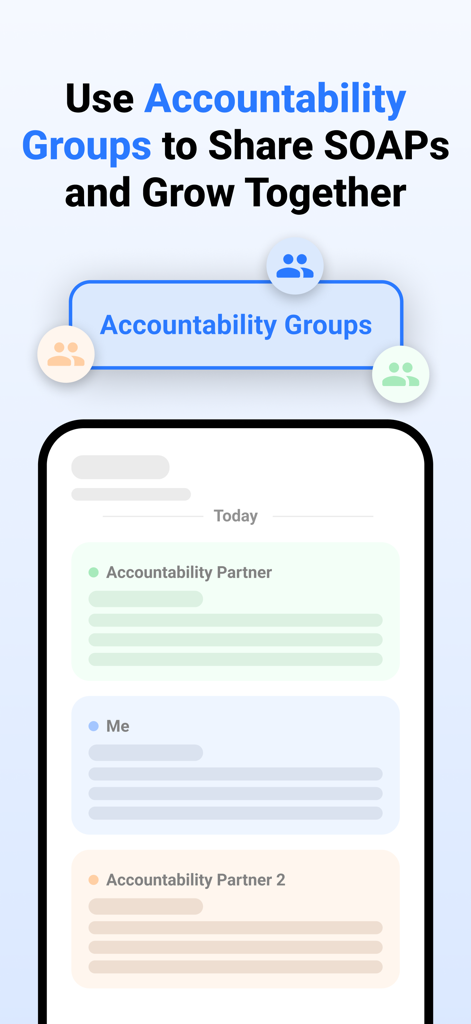 Daily SOAP - Bible reading app - A screenshot of the Daily SOAP app interface showing the accountability groups feature for sharing Bible study reflections.
