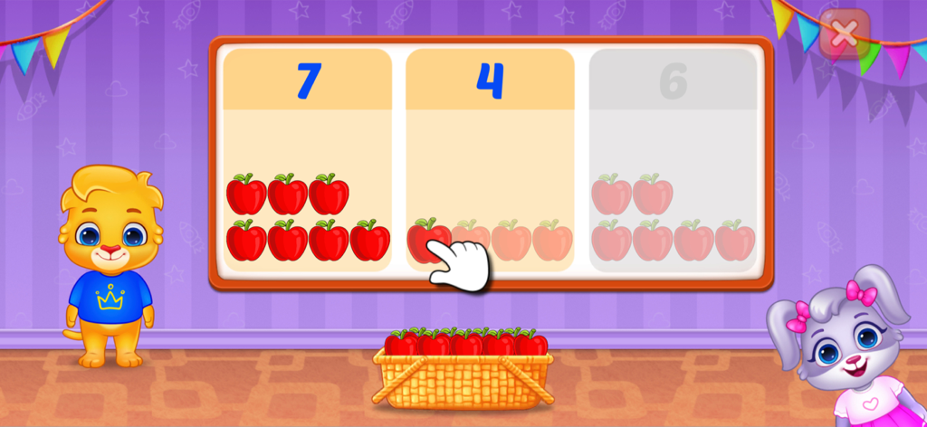Educational math game interface where a child counts apples to match the numbers displayed on screen