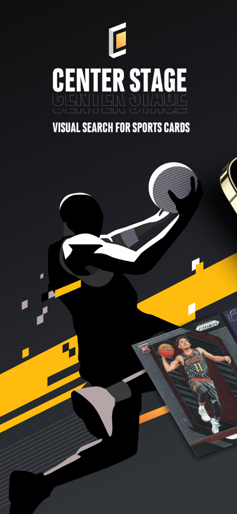 Center Stage: Sports Cards - Center Stage app visual search screen for sports cards featuring a basketball player graphic