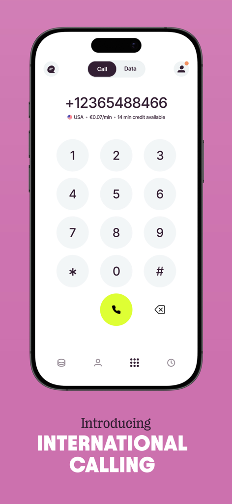 Screenshot of Firsty app showing the international calling dialer with per-minute rates for the USA.