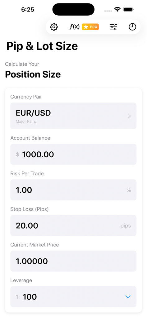 Pip and Lot Size Calculator app interface showing position size calculation for EUR USD with risk management fields