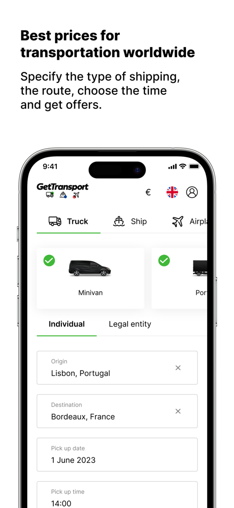 GetTransport app interface for booking worldwide transportation services showing route and vehicle selection