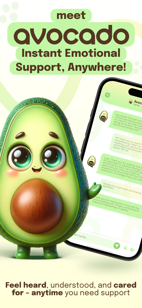 A cute 3D avocado character next to a smartphone screen showing an AI chat for emotional support.