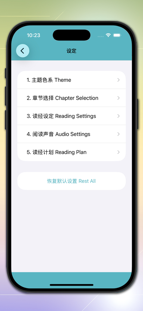 快速圣经 - 双语简中版 - Settings menu of the Quick Bible app showing bilingual options for theme chapter selection and reading plans