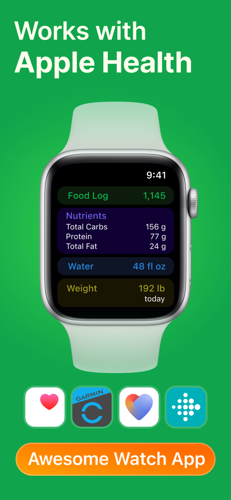 PlateAI - MyNetDiary AI Coach - PlateAI Apple Watch app interface showing macro tracking and integration with Apple Health
