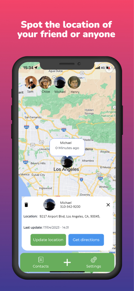 Mobile Phone Number Tracker - A smartphone screen displaying a map with a contact's real-time location and details in the Mobile Phone Number Tracker app.