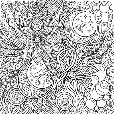 Explore a mesmerizing world of intricate line art with this detailed coloring page, designed especially for teens. Immerse yourself in a complex tapestry of celestial and floral patterns, ready for your creative touch.