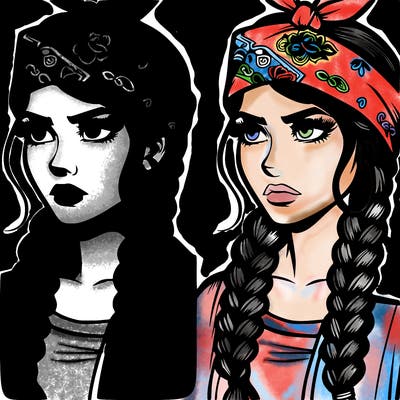 comic realistic woman with a bandana on her head and braids