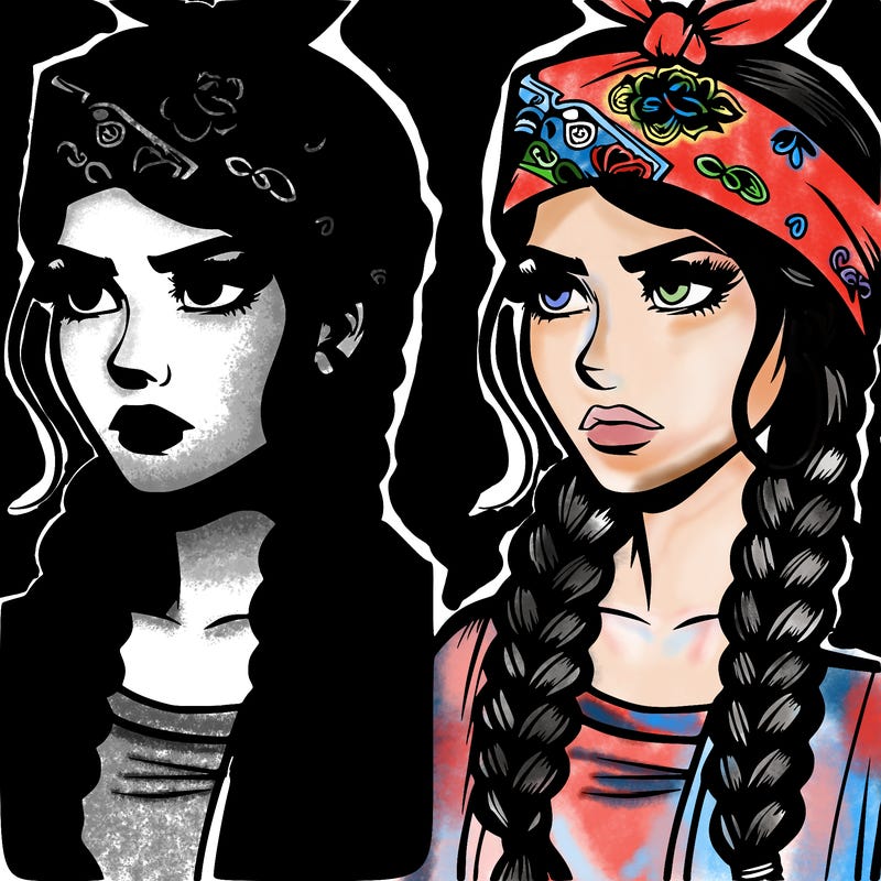 comic realistic woman with a bandana on her head and braids