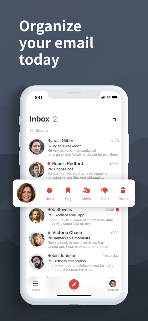 Oberfläche der E-Mail-App für Gmail mit einem übersichtlichen Posteingang und Schnellaktionen zum Organisieren von Nachrichten.