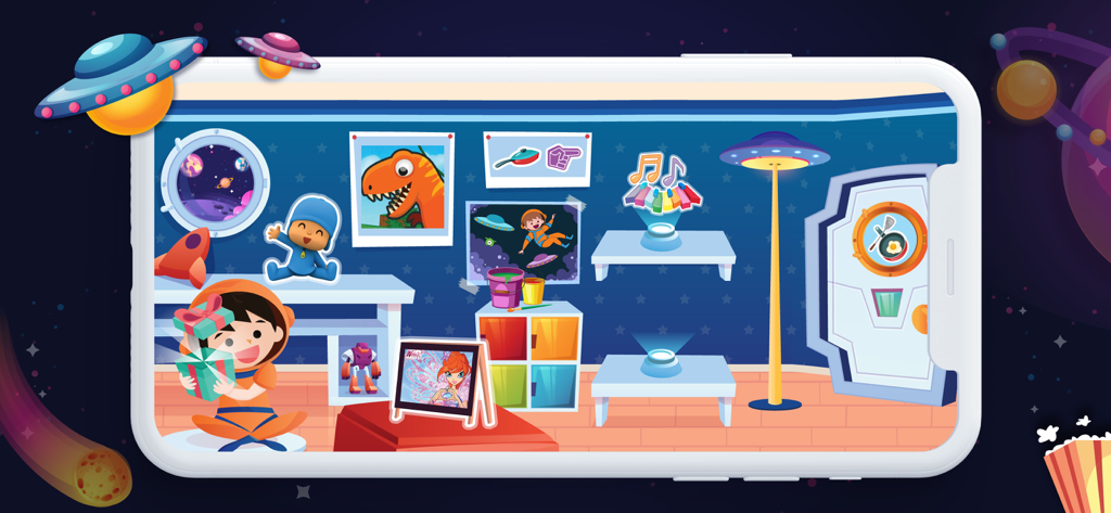 KidSpace - KidSpace app interface showing a colorful space themed kids room with educational activities and cartoon characters